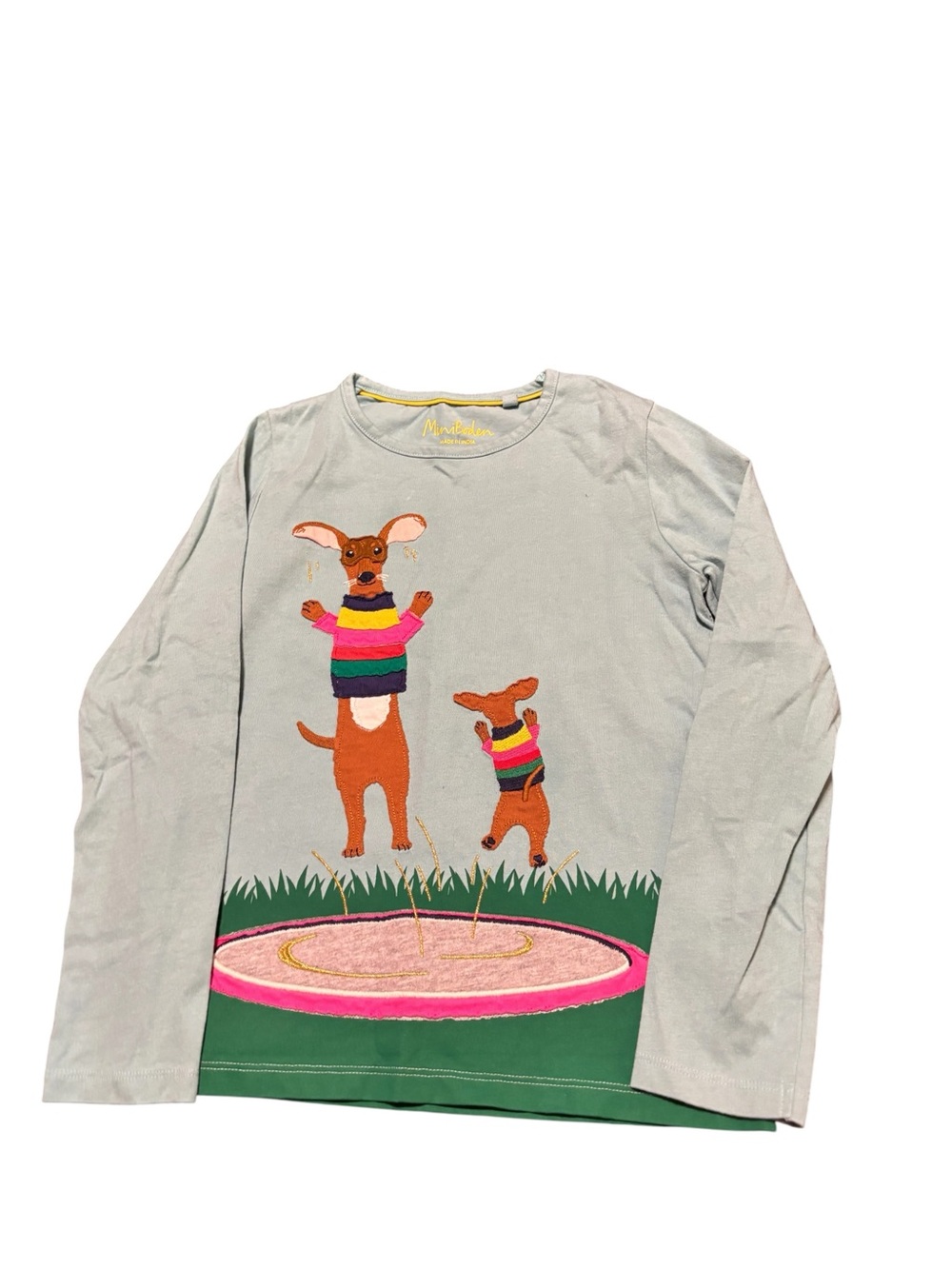 Mini Boden, Size 7-8 Light Blue Long-Sleeve Tee with Playful Dog Graphic